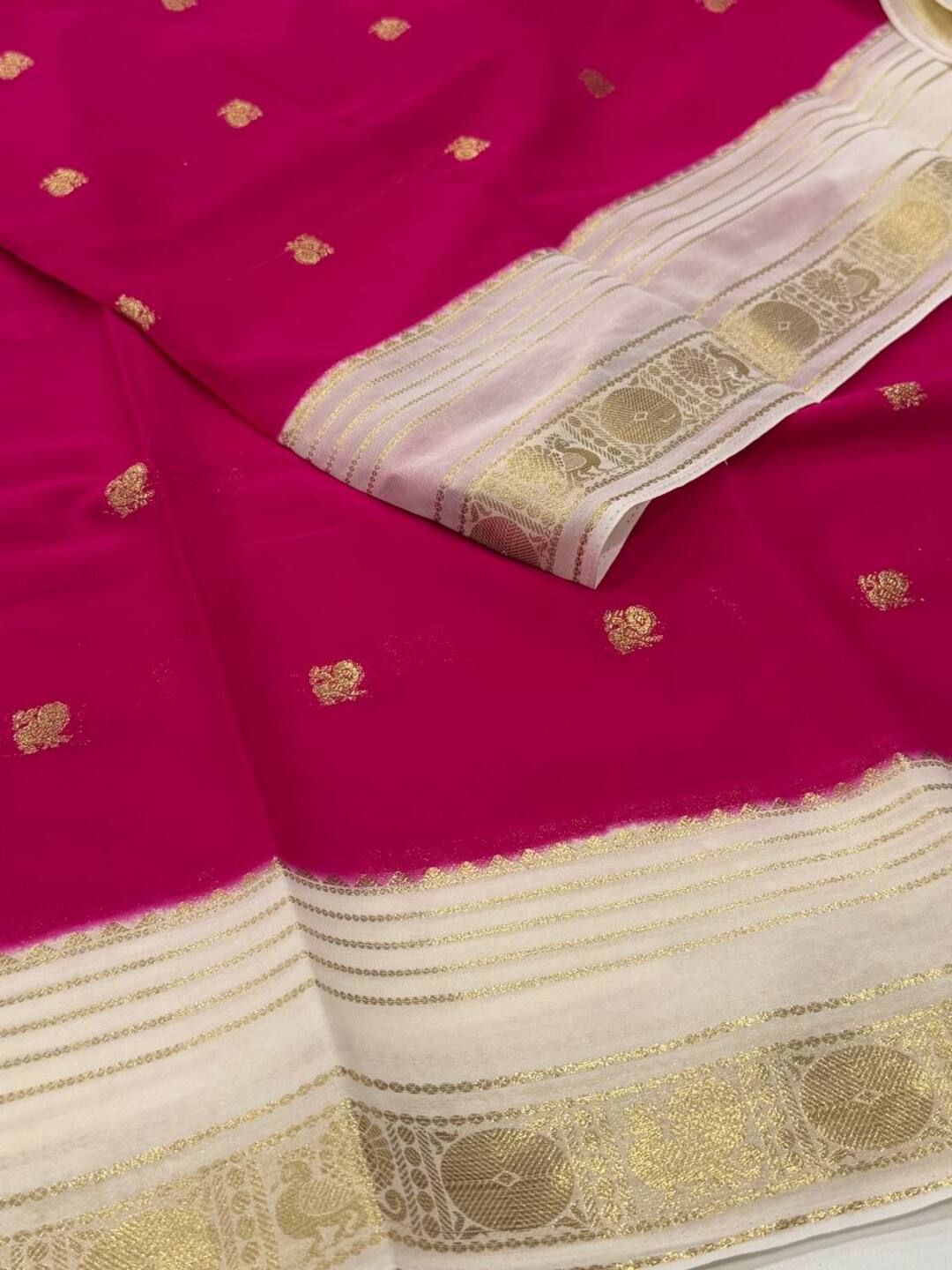Hot Pink Semi Mysore Chiffon Saree