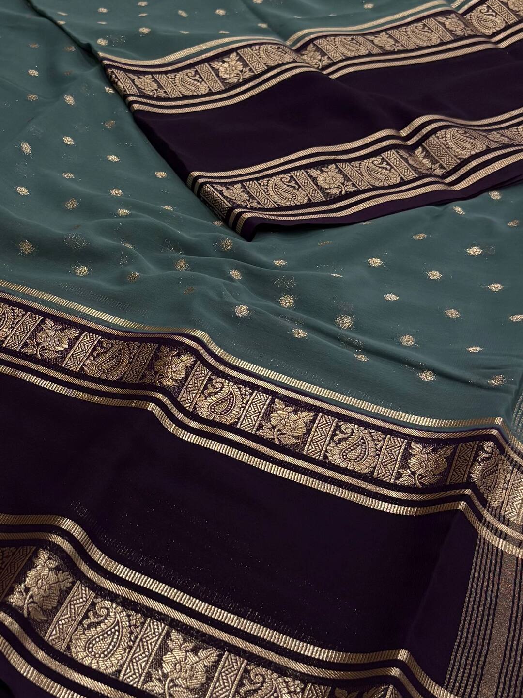 Deep Turquoise Semi Mysore Chiffon Saree