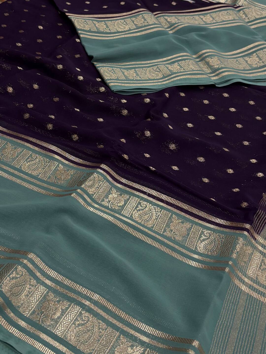 Navy Blue Semi Mysore Chiffon Saree