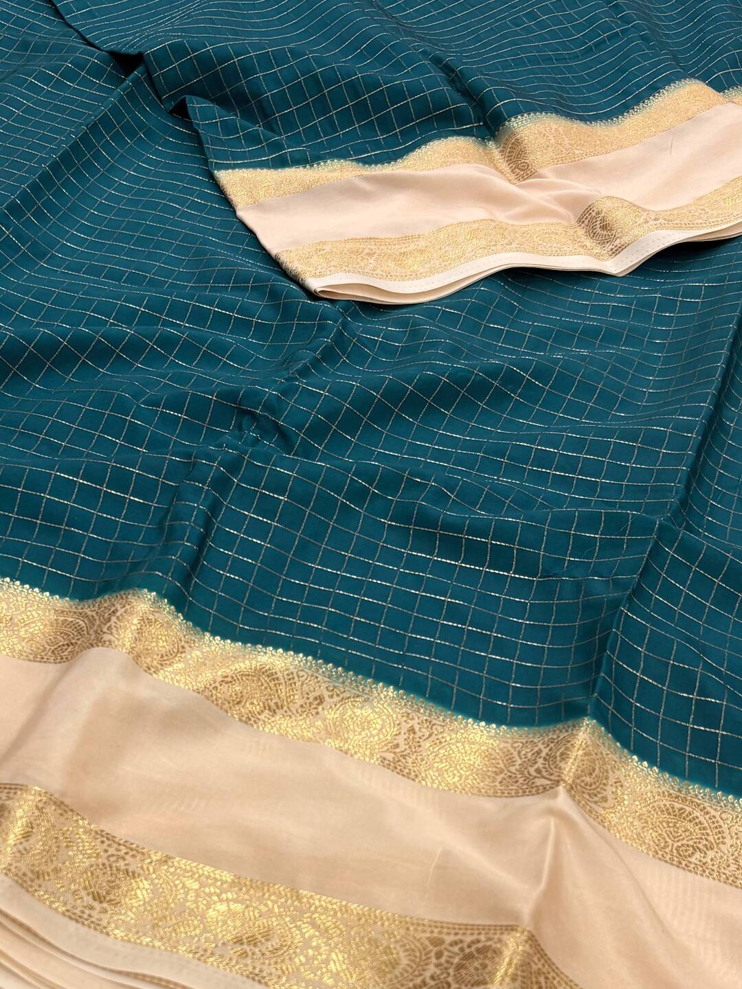 Deep Teal Checked Chiffon Saree