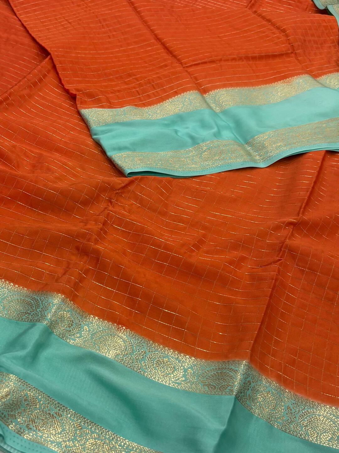 Burnt Orange Checked Chiffon Saree