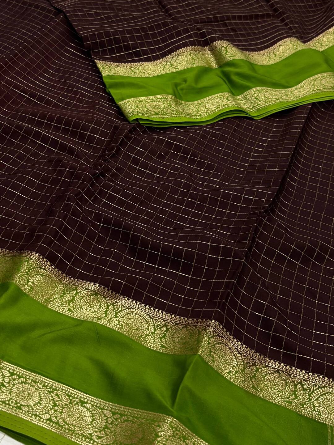 Deep Brown Checked Chiffon Saree