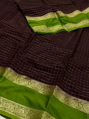Deep Brown Checked Chiffon Saree