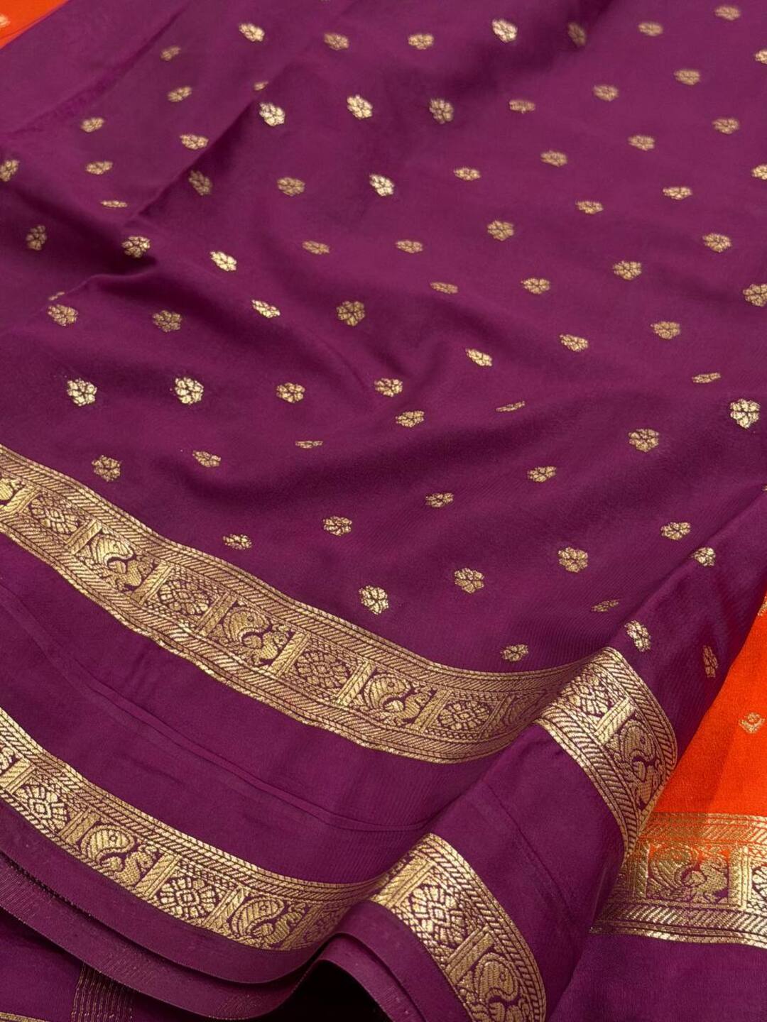 Bright Orange Semi Mysore Chiffon Saree