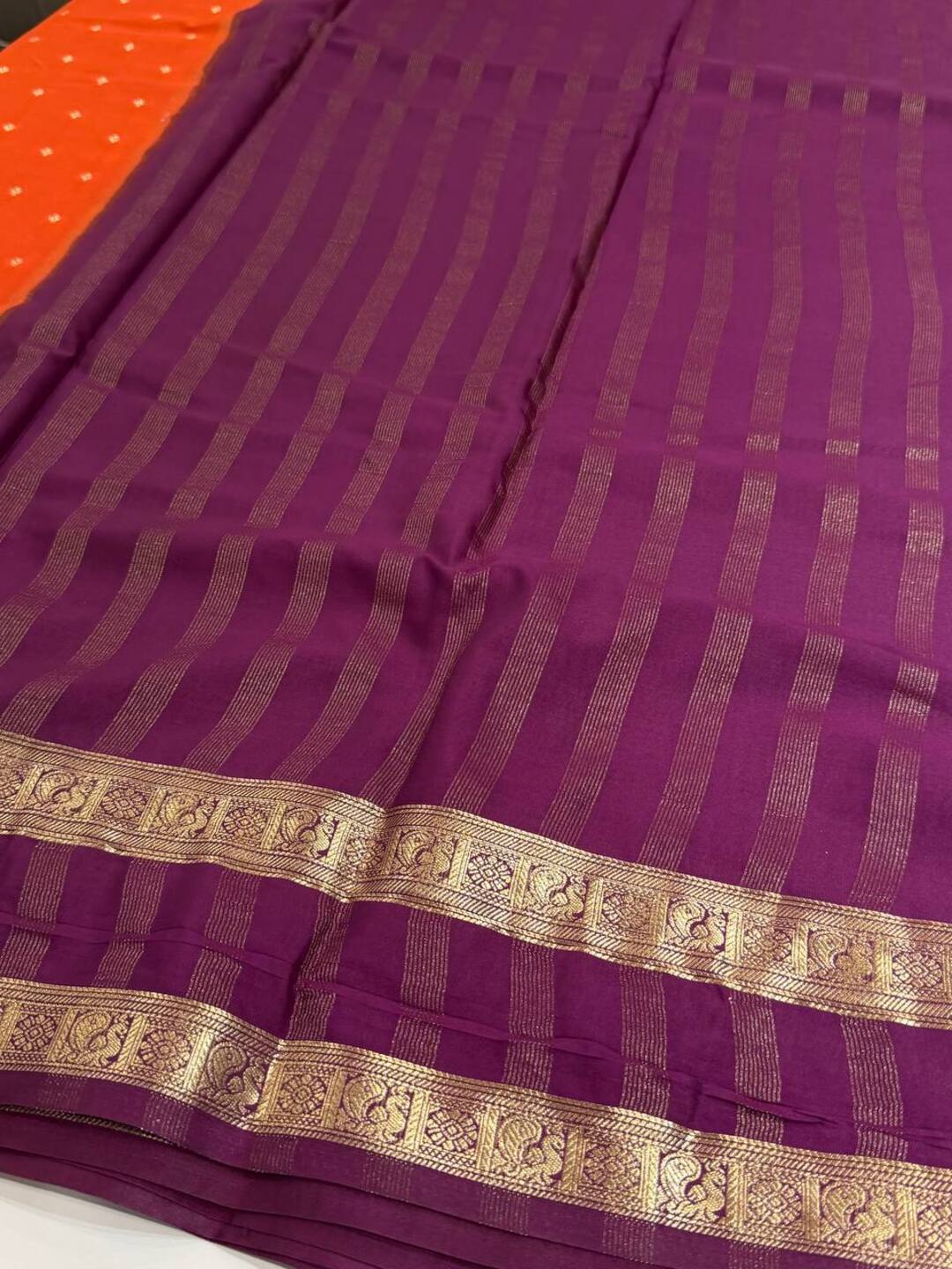 Bright Orange Semi Mysore Chiffon Saree