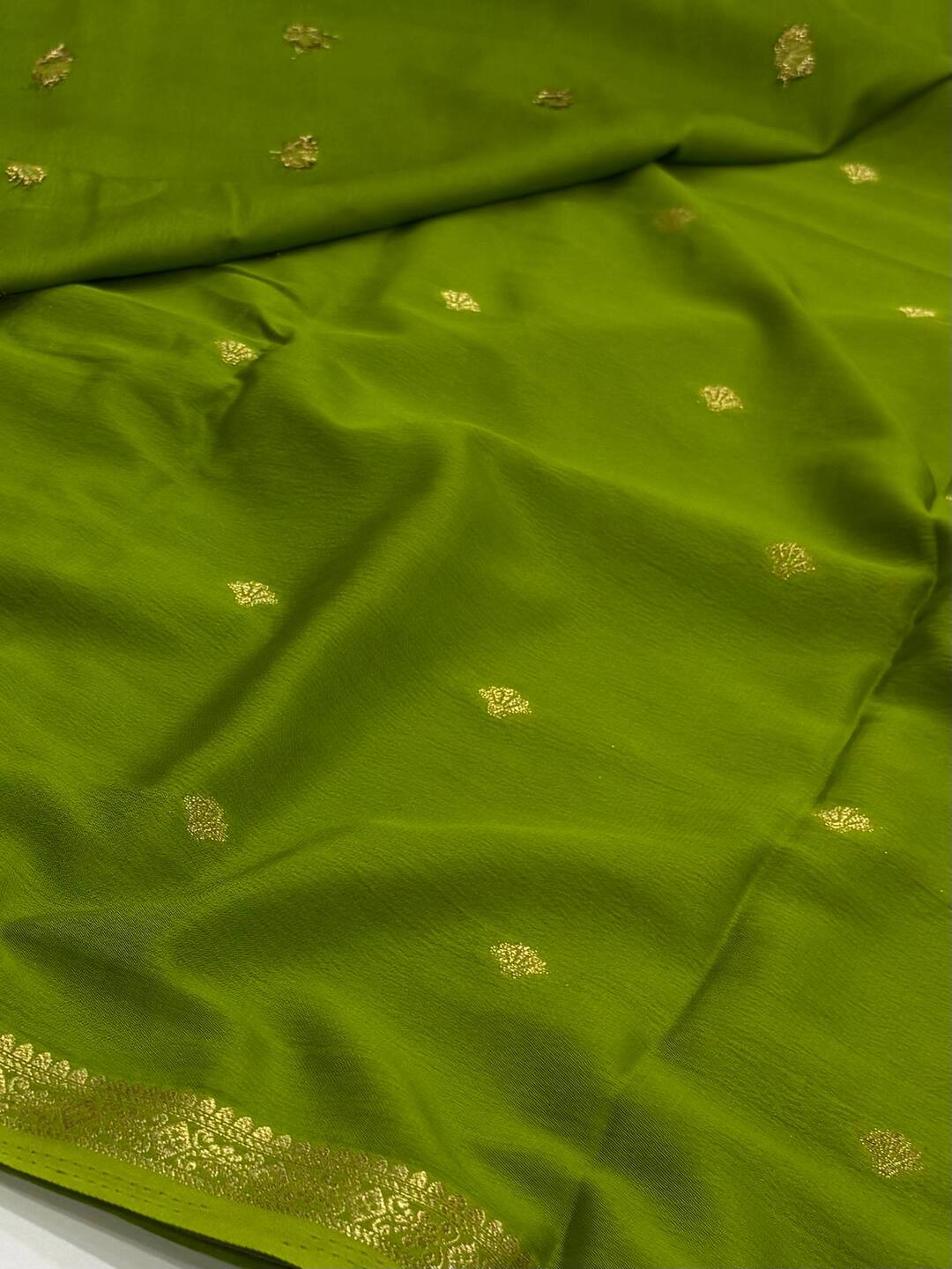 Olive Green Semi Mysore Chiffon Saree