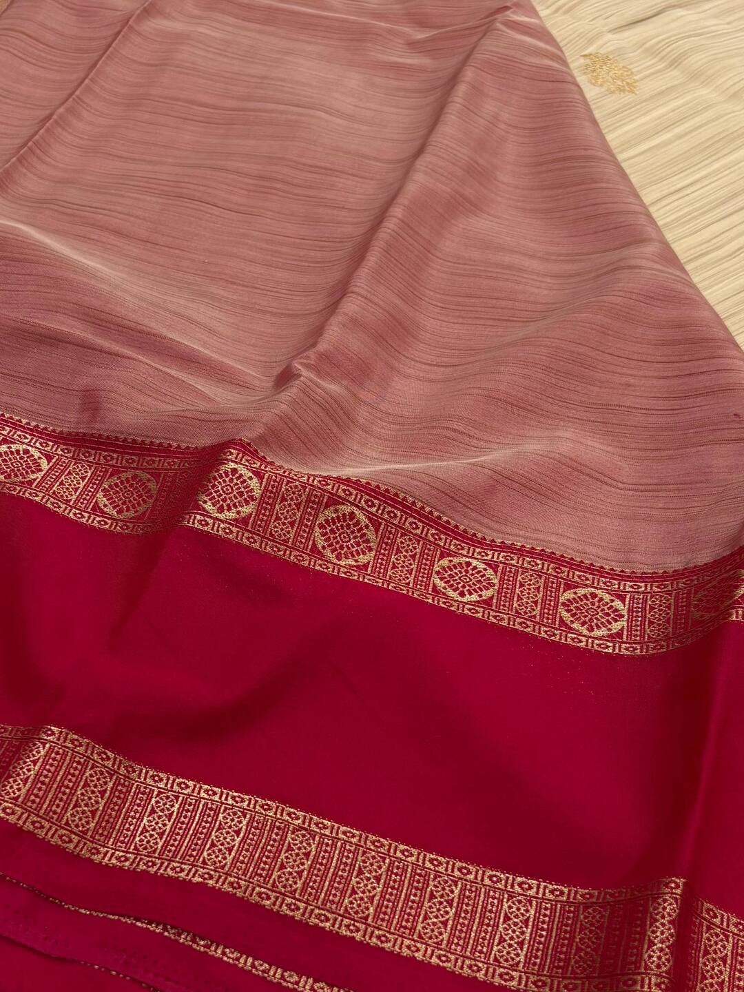 Beige with Red Semi Mysore Silk  Saree