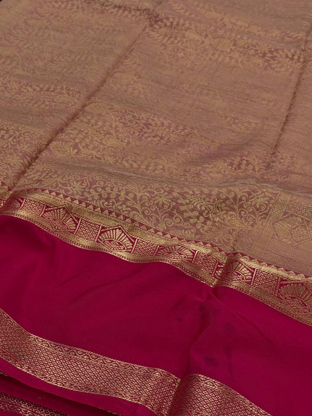 Beige with Red Semi Mysore Silk  Saree