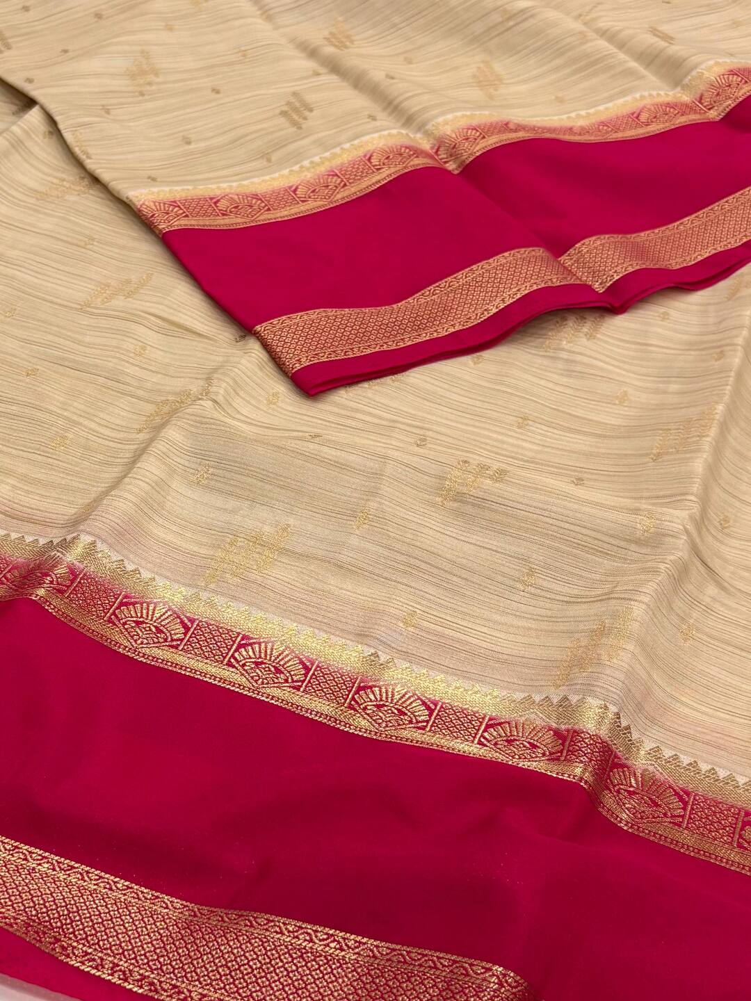 Beige with Red Semi Mysore Silk  Saree
