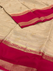 Beige with Red Semi Mysore Silk  Saree