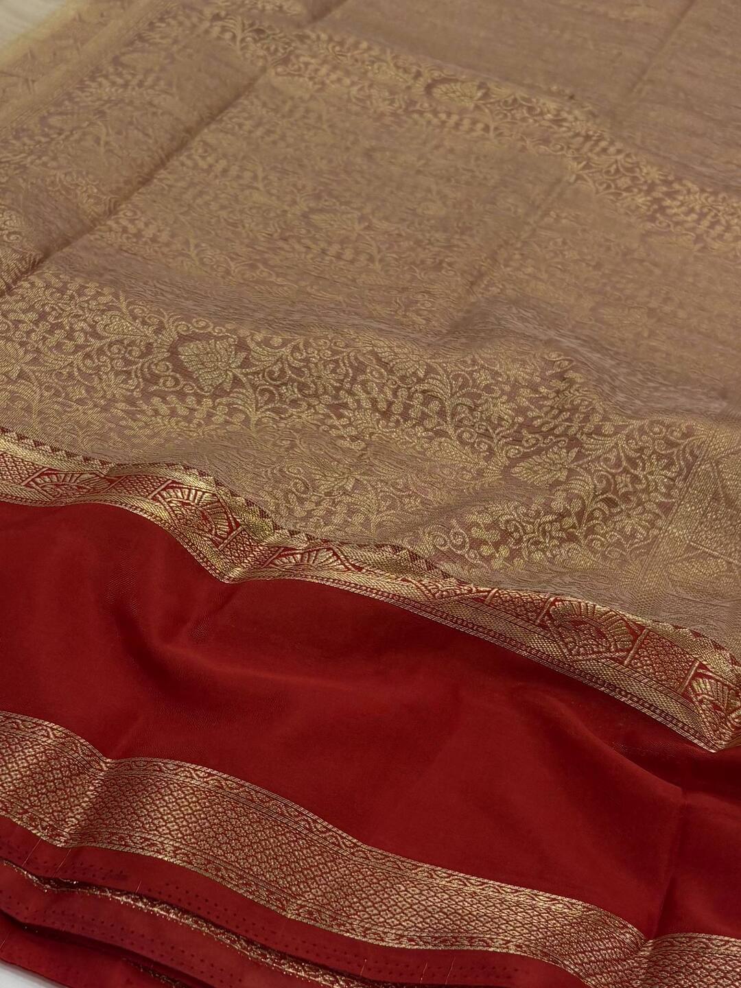 Beige with Burnt Orange Semi Mysore Silk  Saree