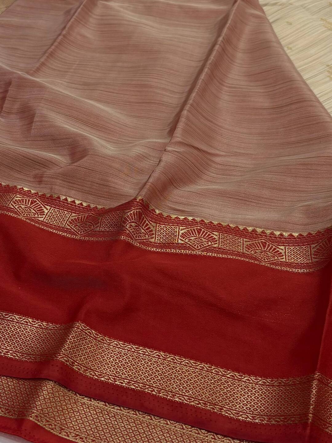 Beige with Burnt Orange Semi Mysore Silk  Saree