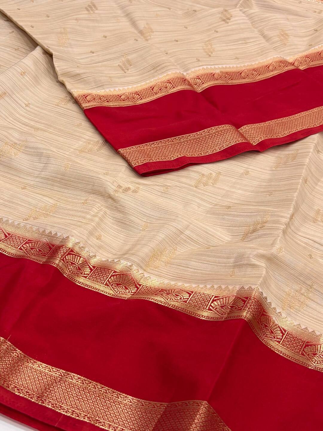 Beige with Burnt Orange Semi Mysore Silk  Saree
