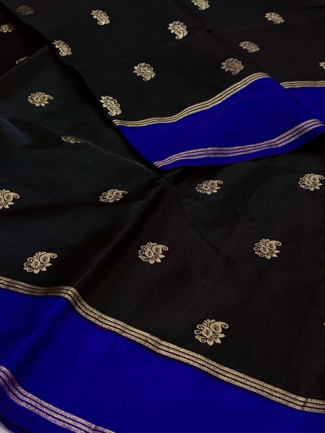 Black With Royal Blue Border Chiffon Cotton Silk Saree