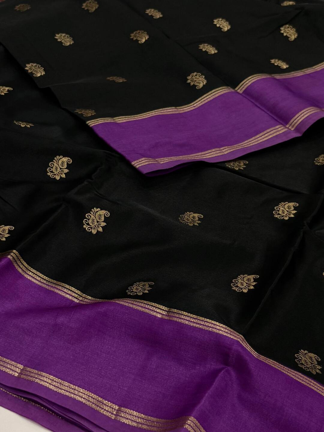 Black With Purple Border Chiffon Cotton Silk Saree