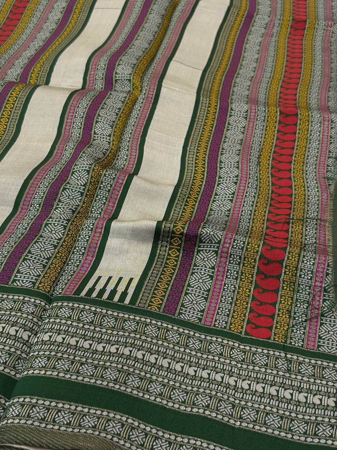 Off White With Green Cotton Silk Saree