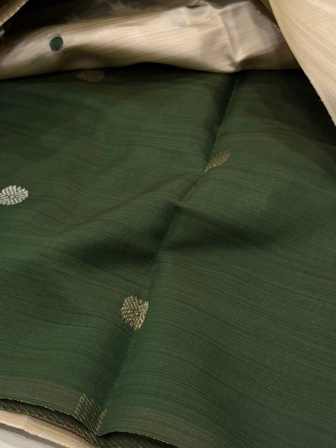 Off White With Green Cotton Silk Saree