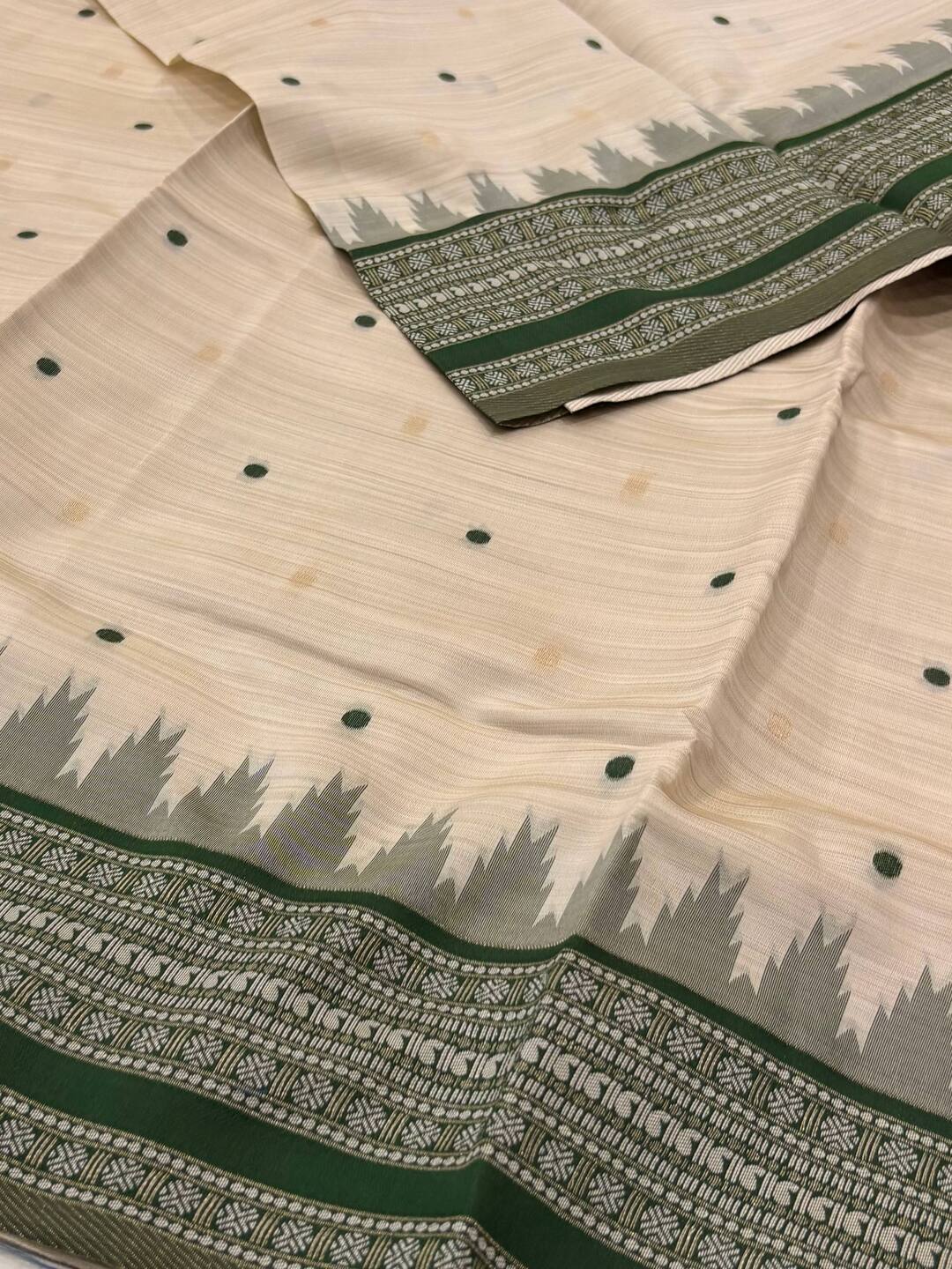 Off White With Green Cotton Silk Saree