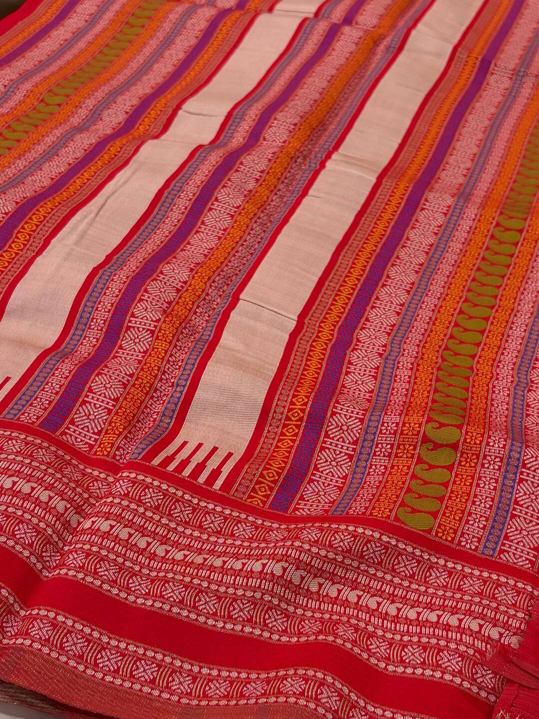 Off White With Red Cotton Silk Saree