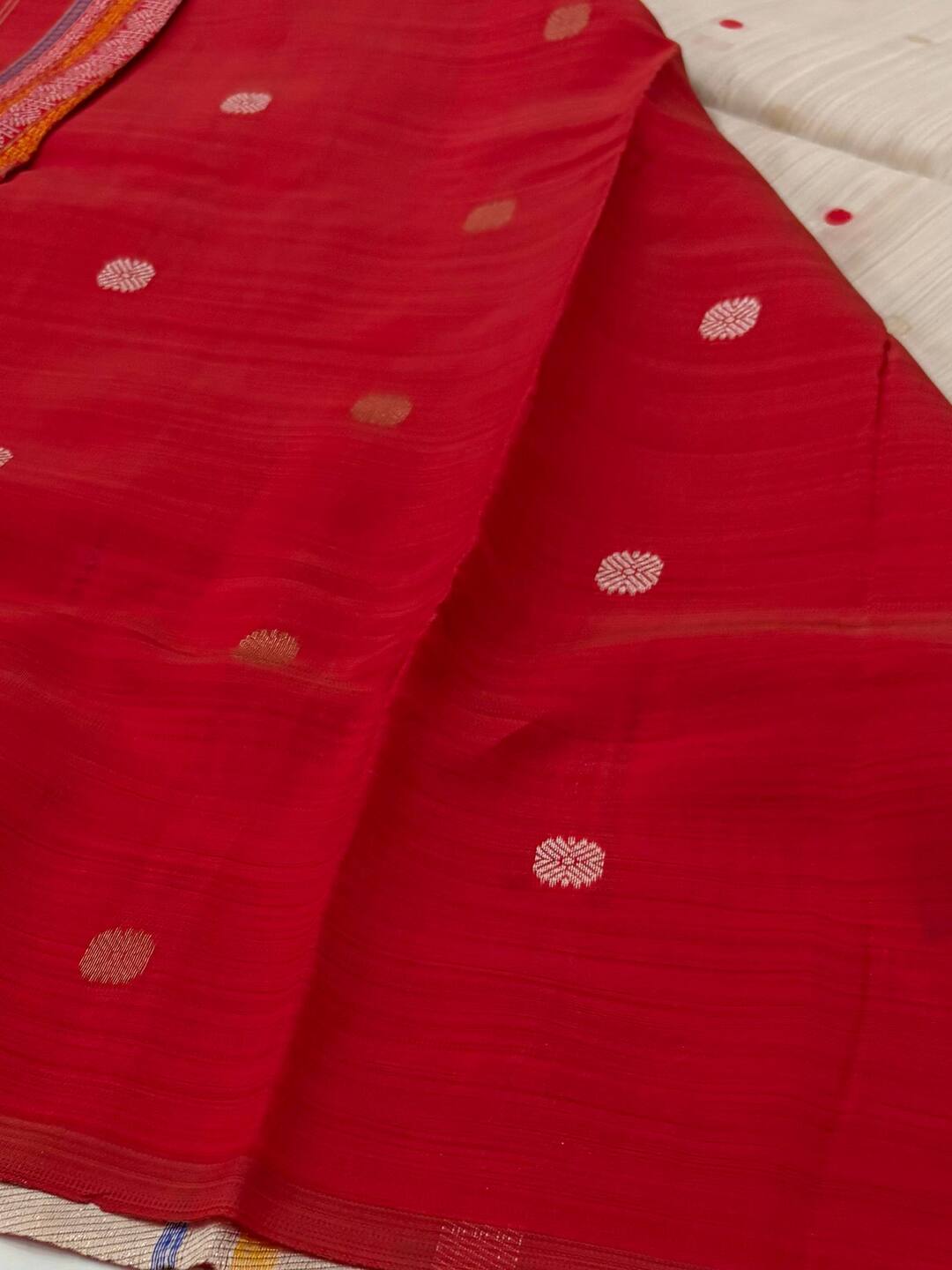 Off White With Red Cotton Silk Saree
