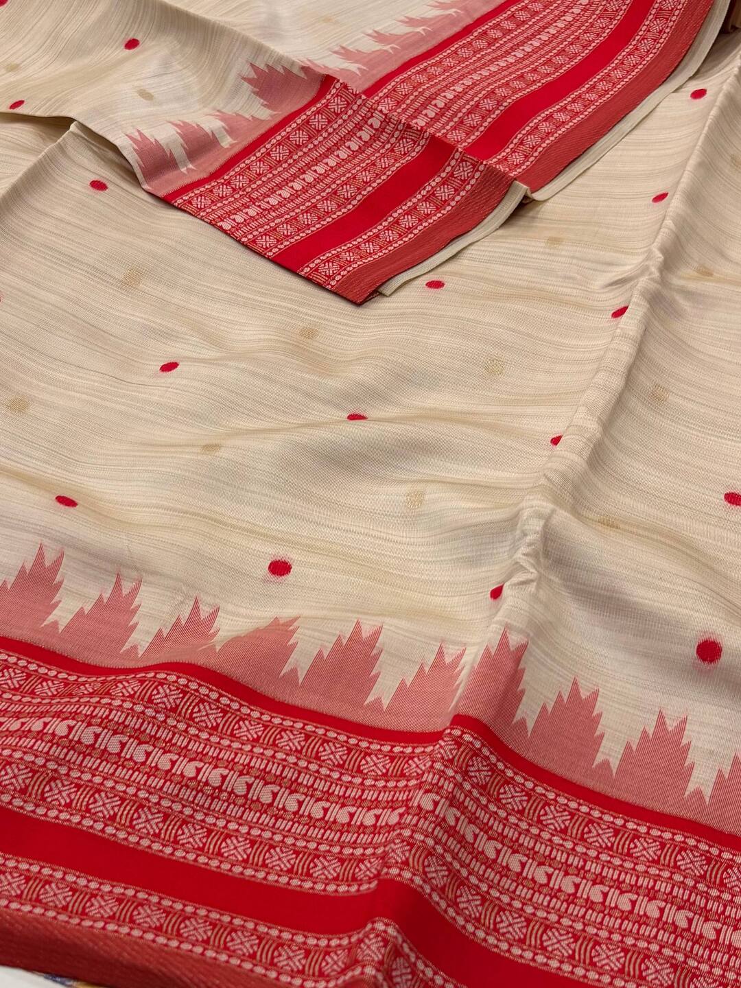Off White With Red Cotton Silk Saree