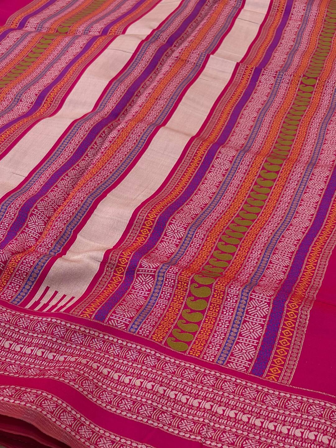 Off White With Hot Pink Cotton Silk Saree