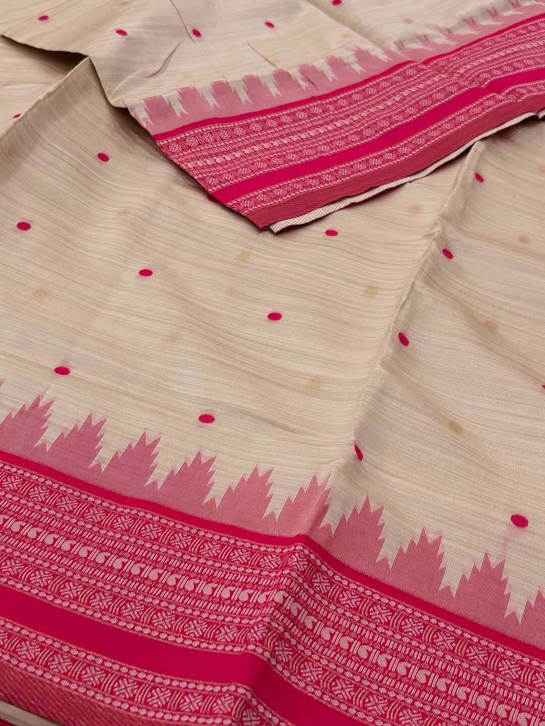 Off White With Hot Pink Cotton Silk Saree