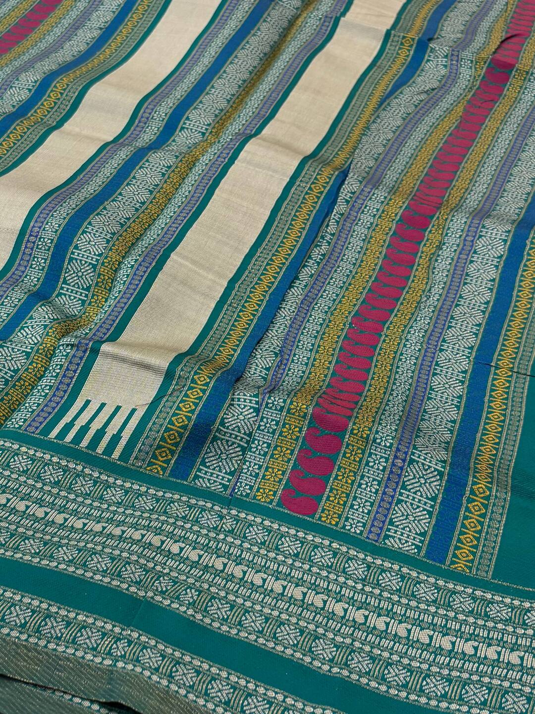 Off White With Peacock Blue Cotton Silk Saree