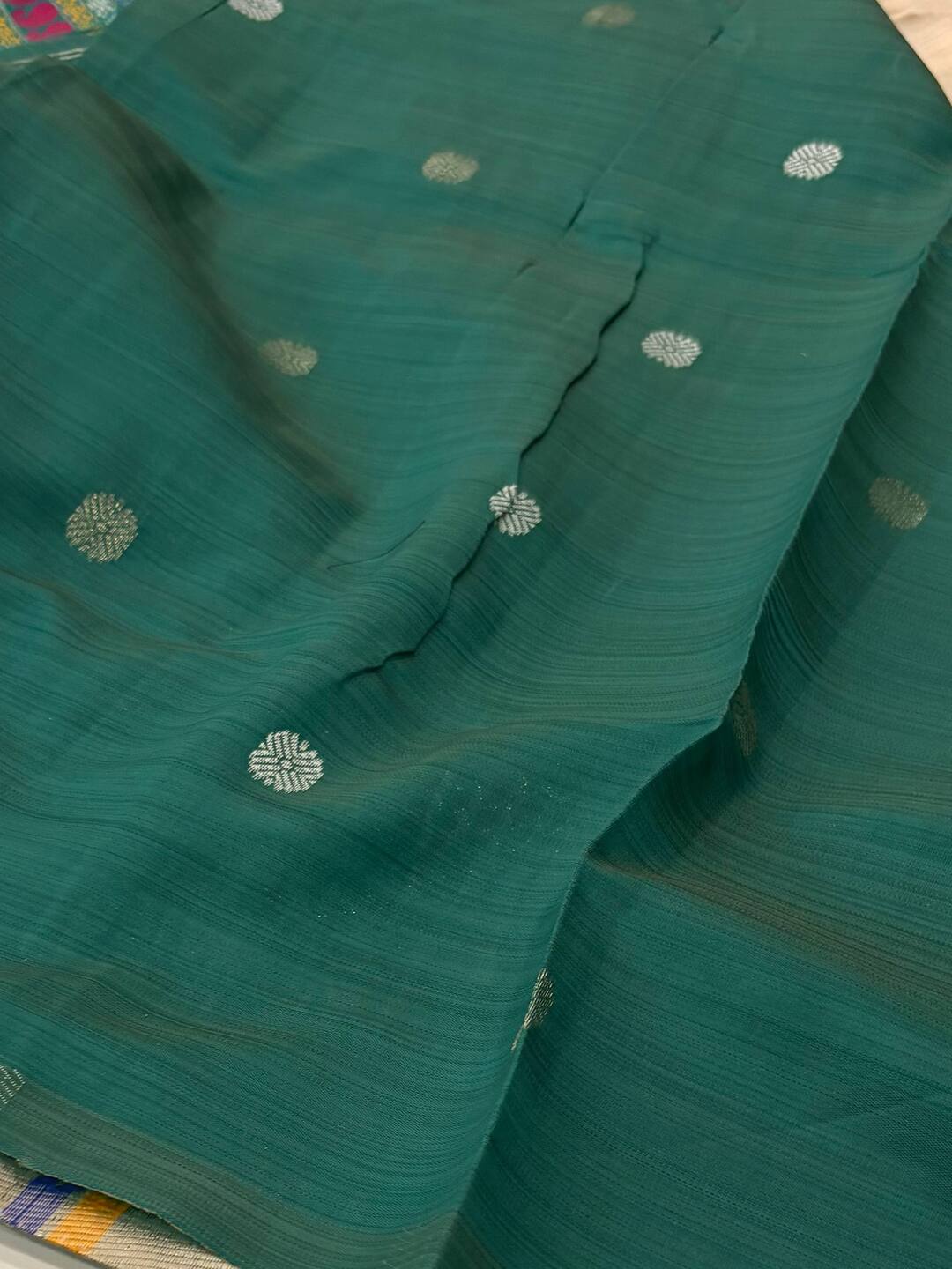 Off White With Peacock Blue Cotton Silk Saree