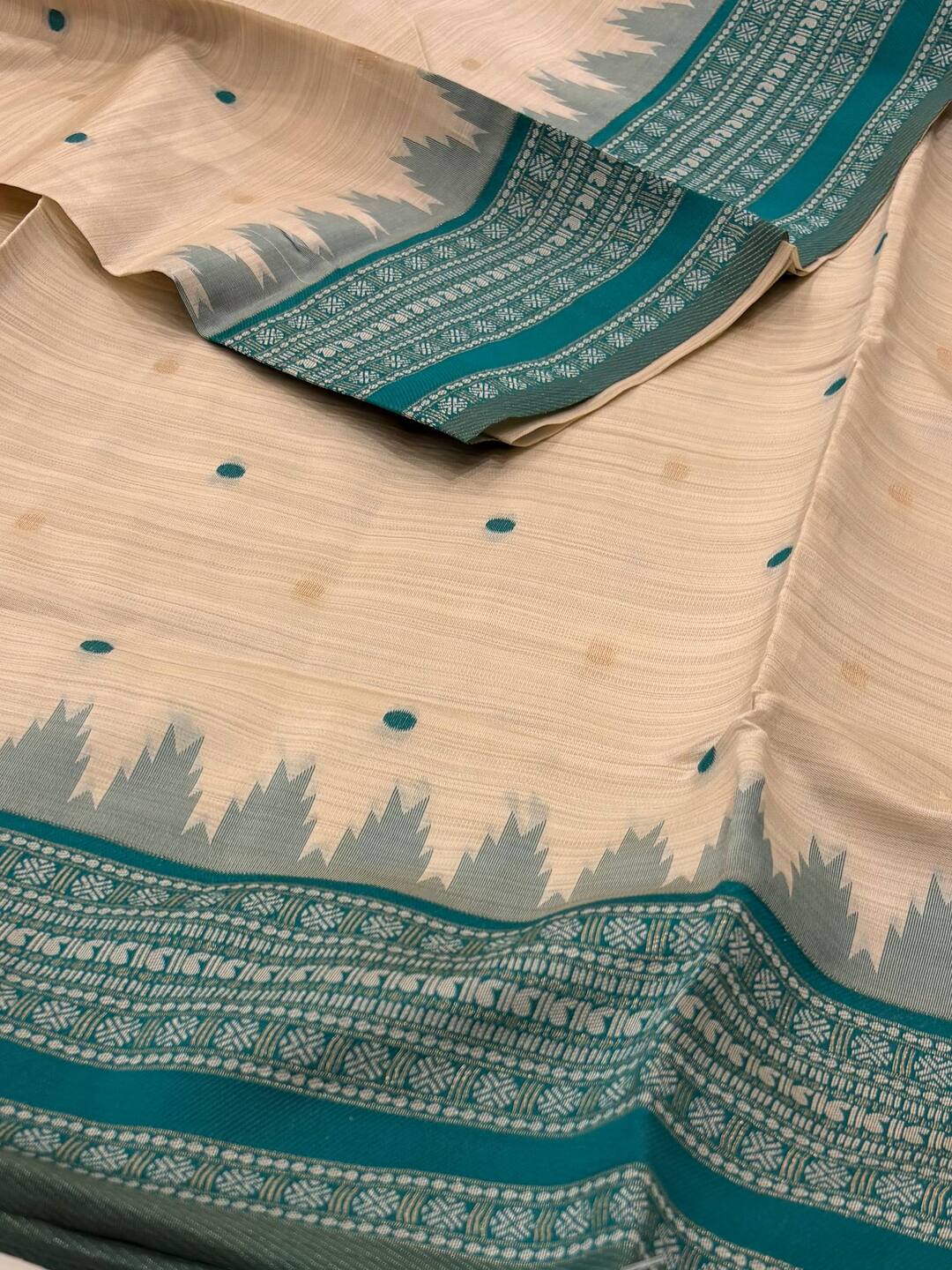 Off White With Peacock Blue Cotton Silk Saree