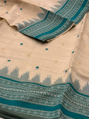 Off White With Peacock Blue Cotton Silk Saree