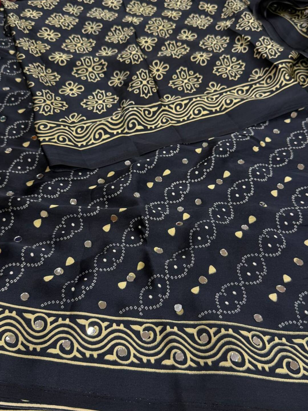 Black Ajrakh Mirror Printed  Satin Saree