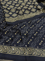 Black Ajrakh Mirror Printed  Satin Saree