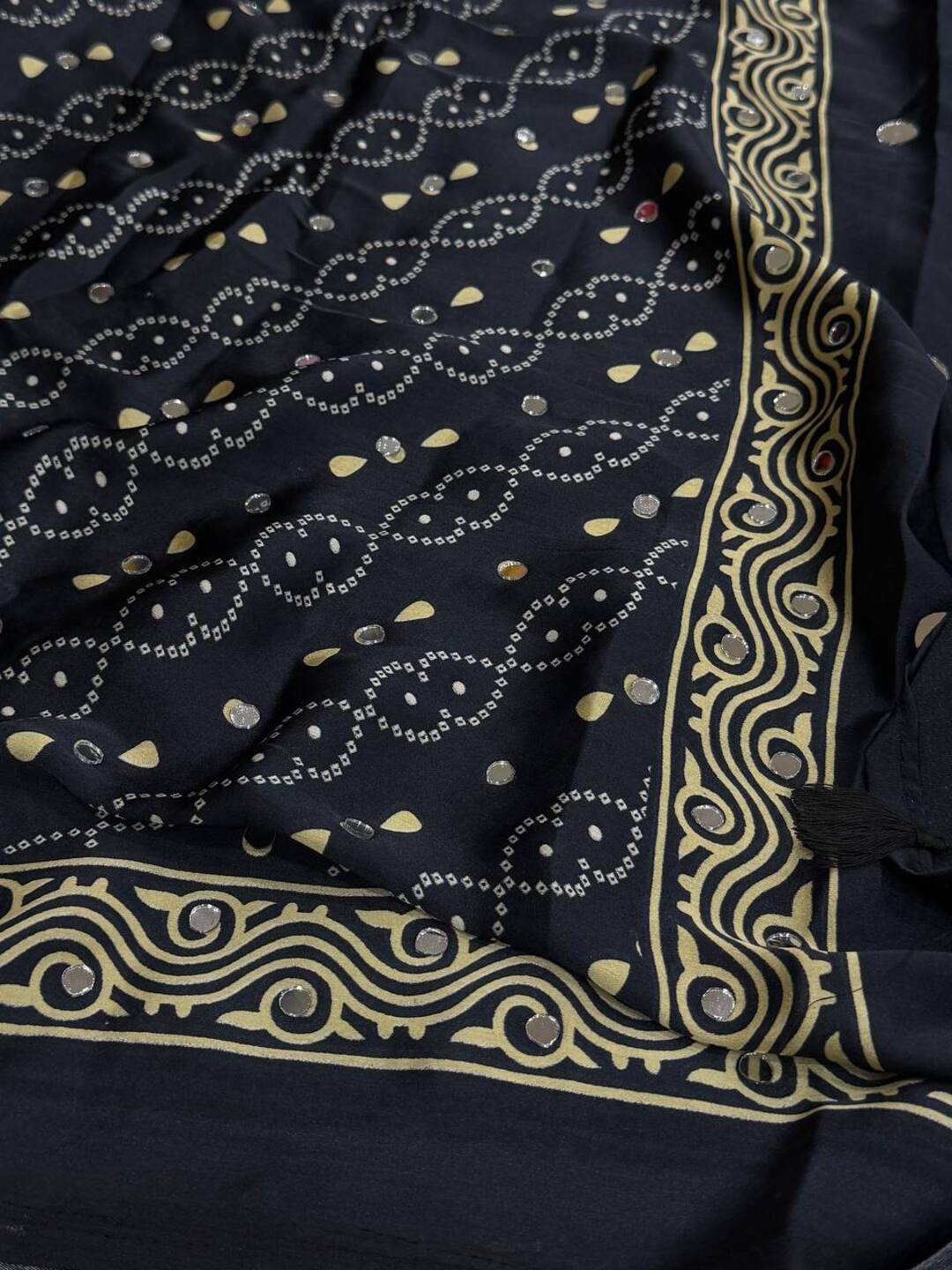 Black Ajrakh Mirror Printed  Satin Saree