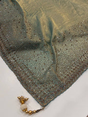 Golden Dusty Blue Georgette Saree