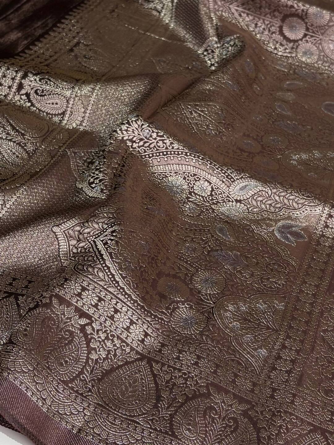Chocolate Brown Banaras Satin Silk Saree