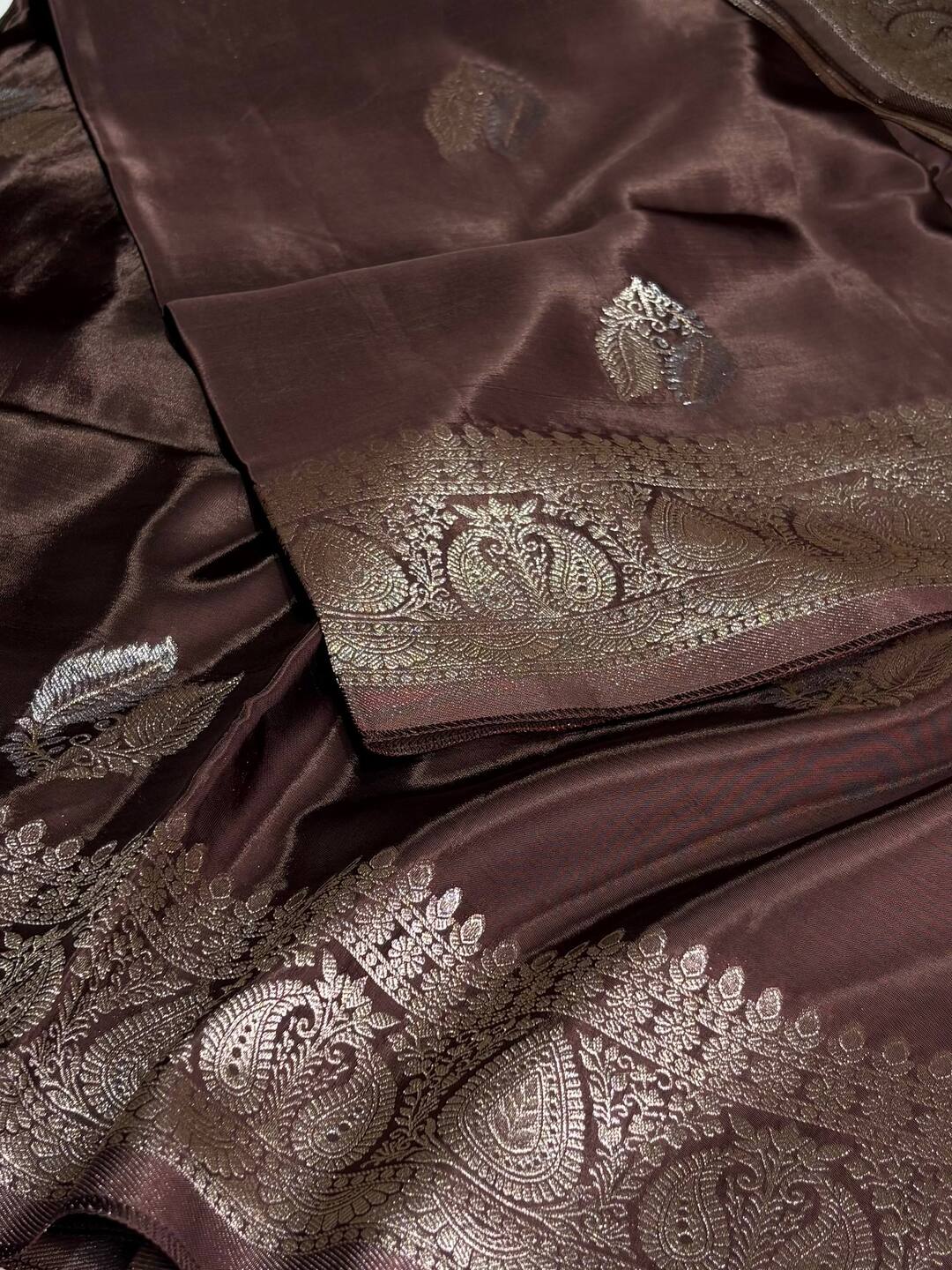 Chocolate Brown Banaras Satin Silk Saree