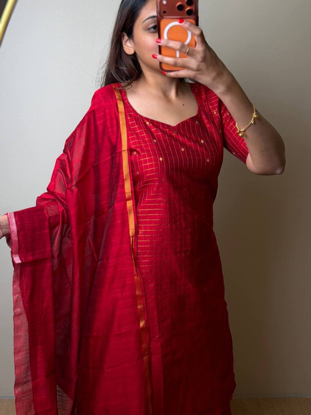 Red A Line 3pc Cotton Kurti Suit