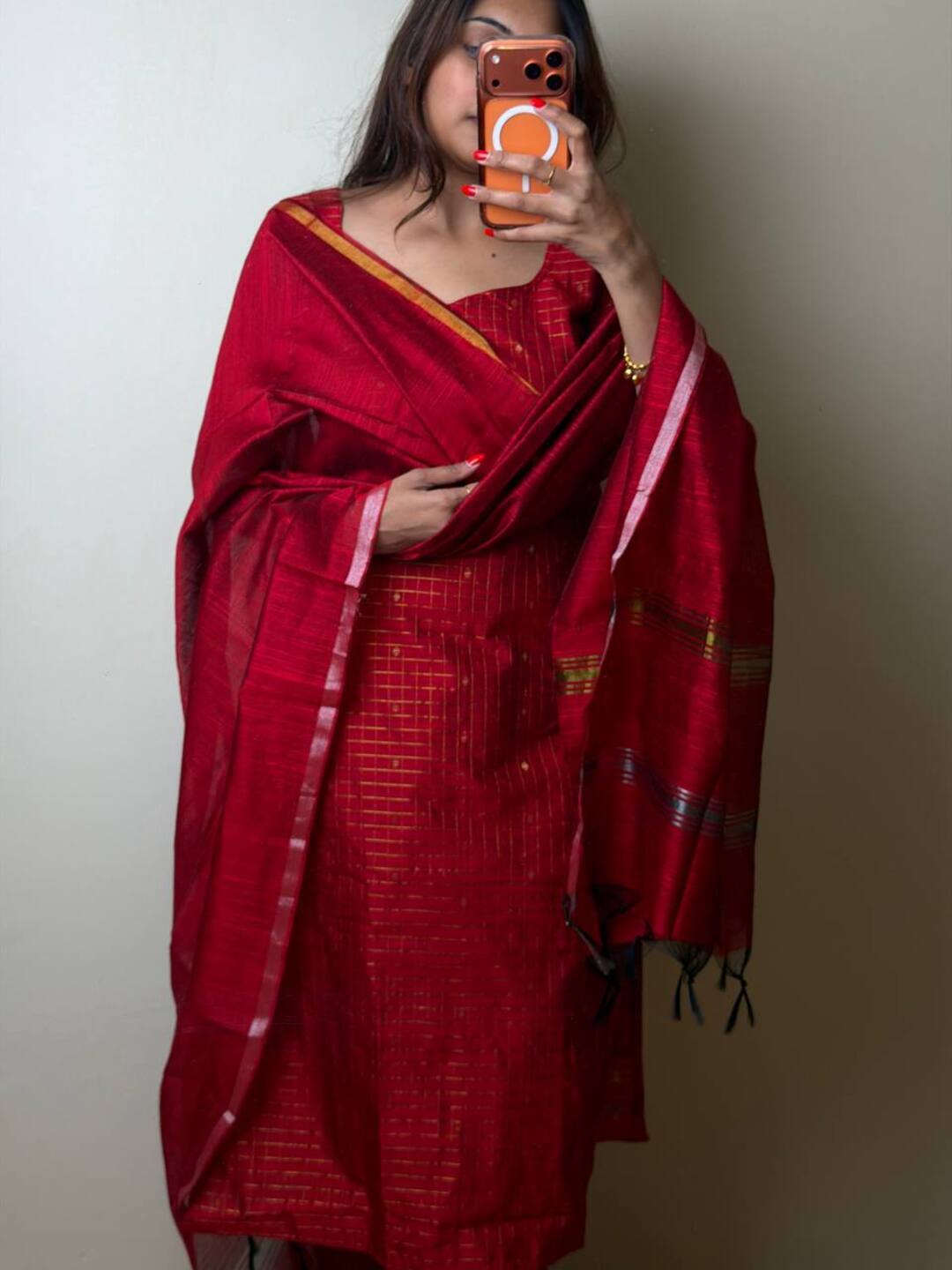 Red A Line 3pc Cotton Kurti Suit