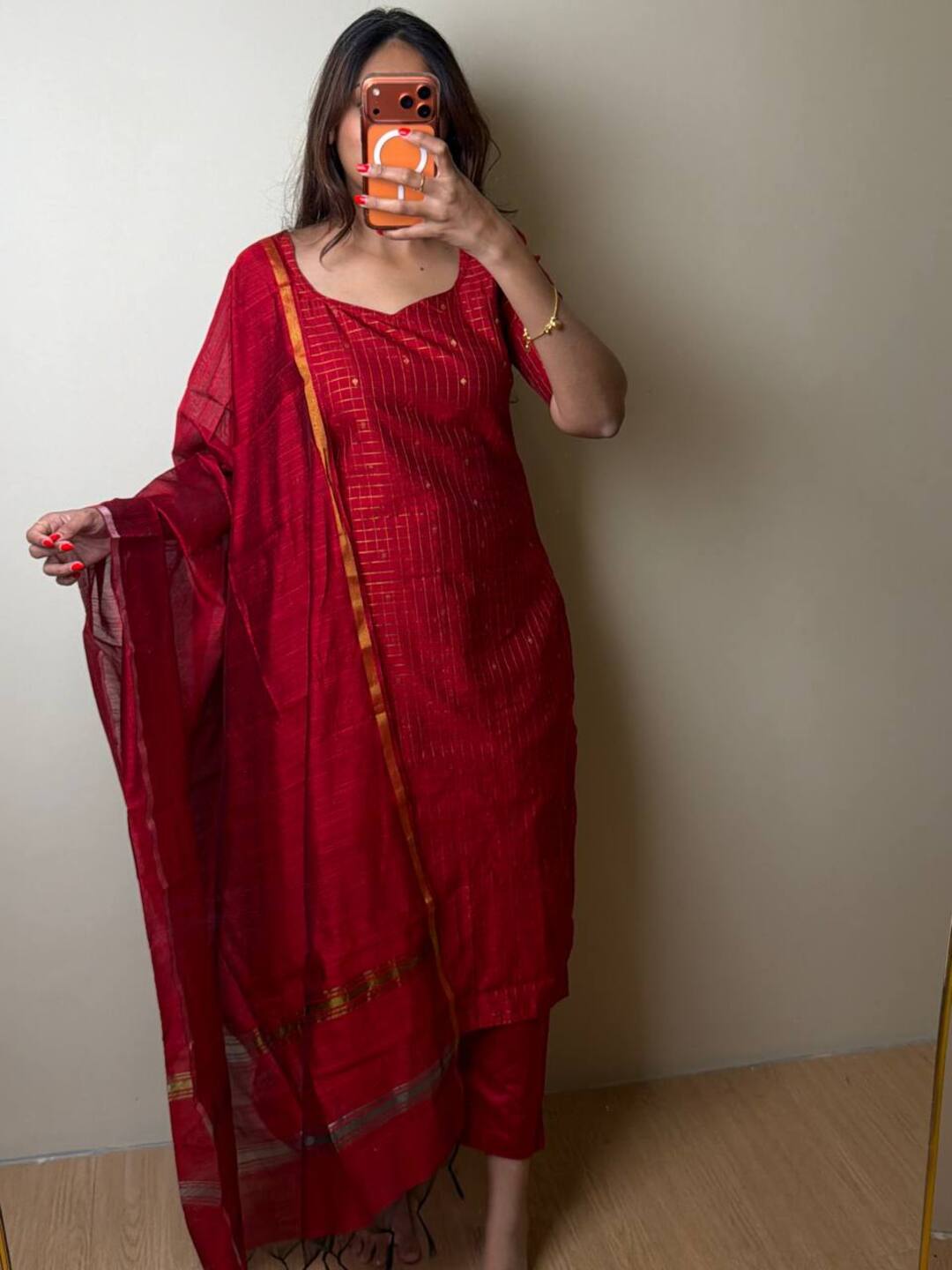 Red A Line 3pc Cotton Kurti Suit