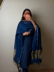Navy Blue A Line 3pc Cotton Kurti Suit