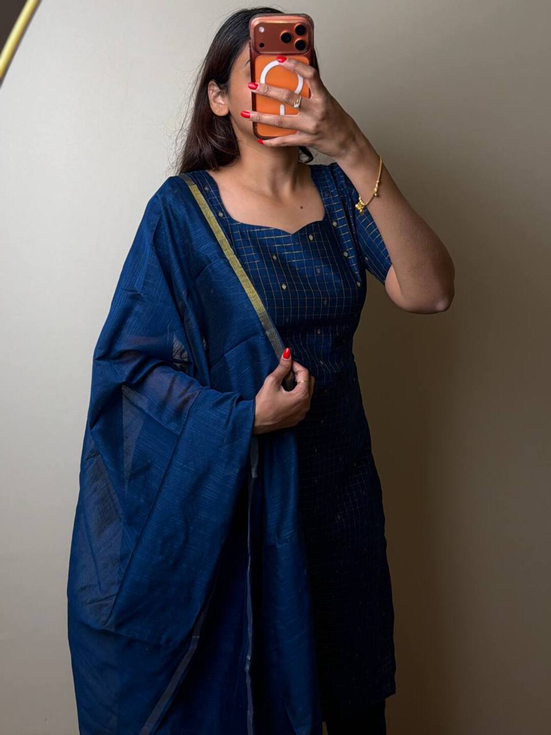 Navy Blue A Line 3pc Cotton Kurti Suit