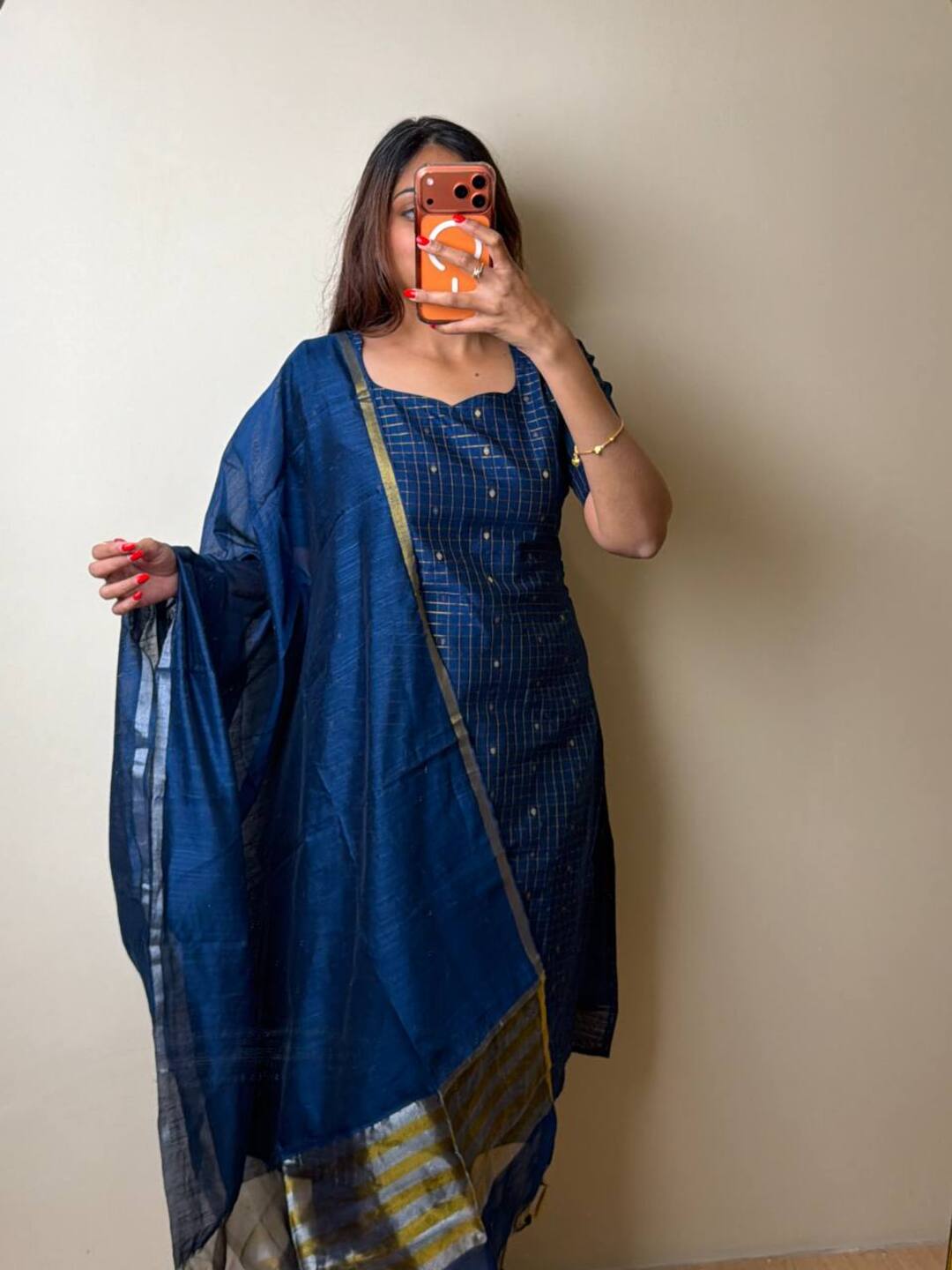 Navy Blue A Line 3pc Cotton Kurti Suit