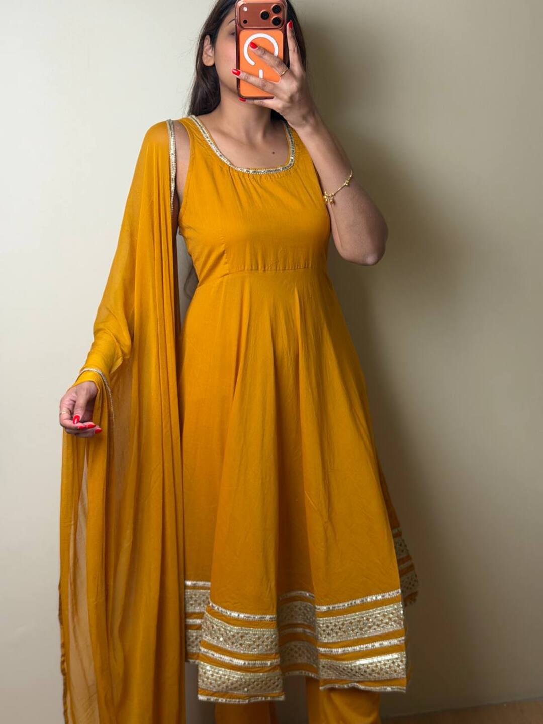Mustard Yellow Soft Cotton Anarkali 3pcs Suit