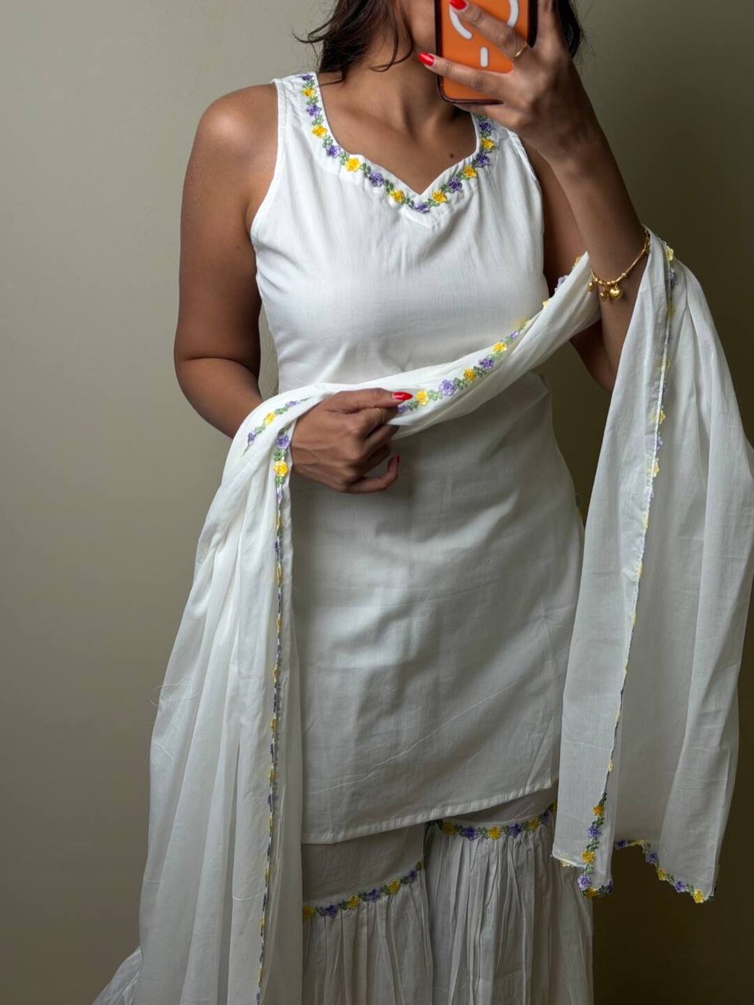 Off White sleeve short kurti with sharara pants