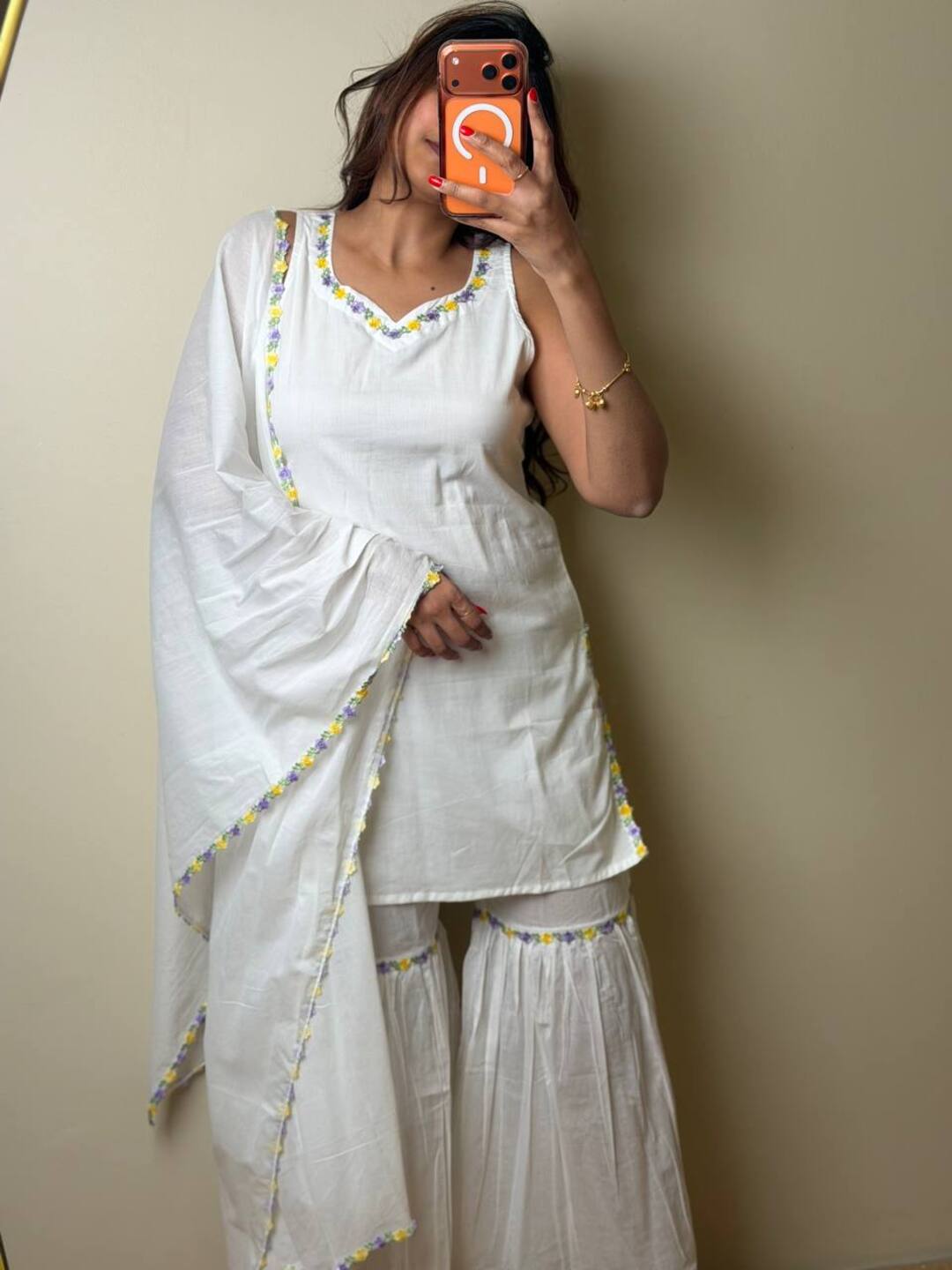 Off White sleeve short kurti with sharara pants