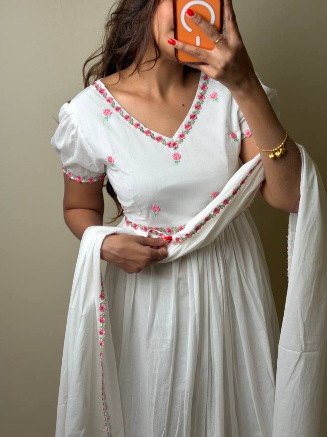 Off White Soft Cotton Anarkali 3pcs Suit