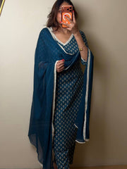 Teal Blue Straight Cut 3pc kurti Suit