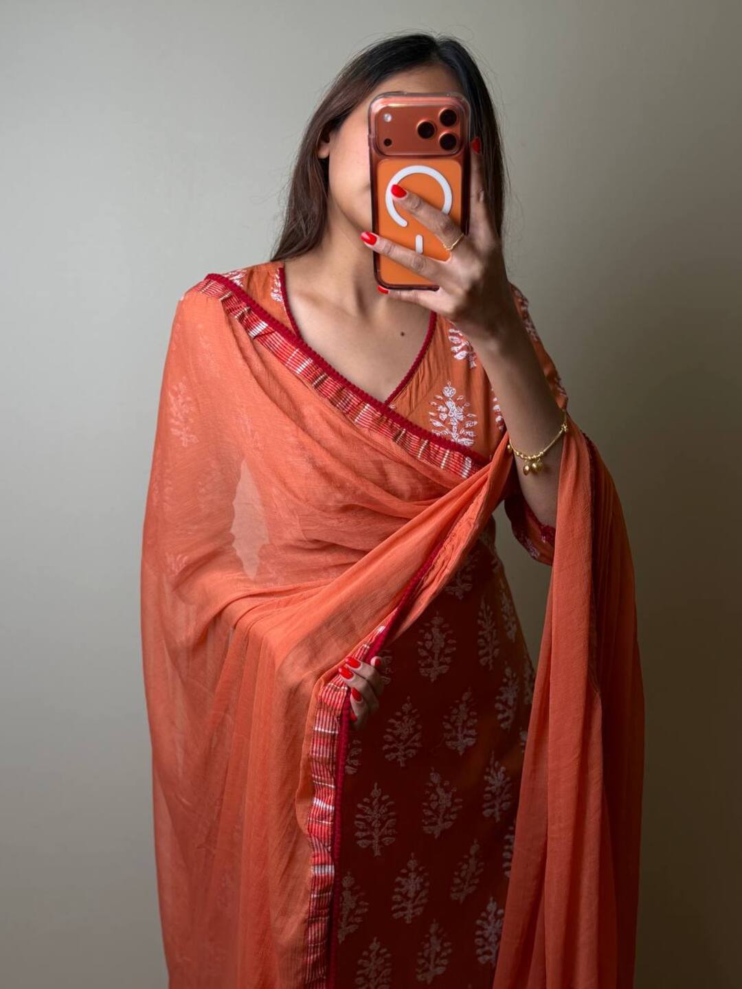 Orange Straight Cut 3pc kurti Suit