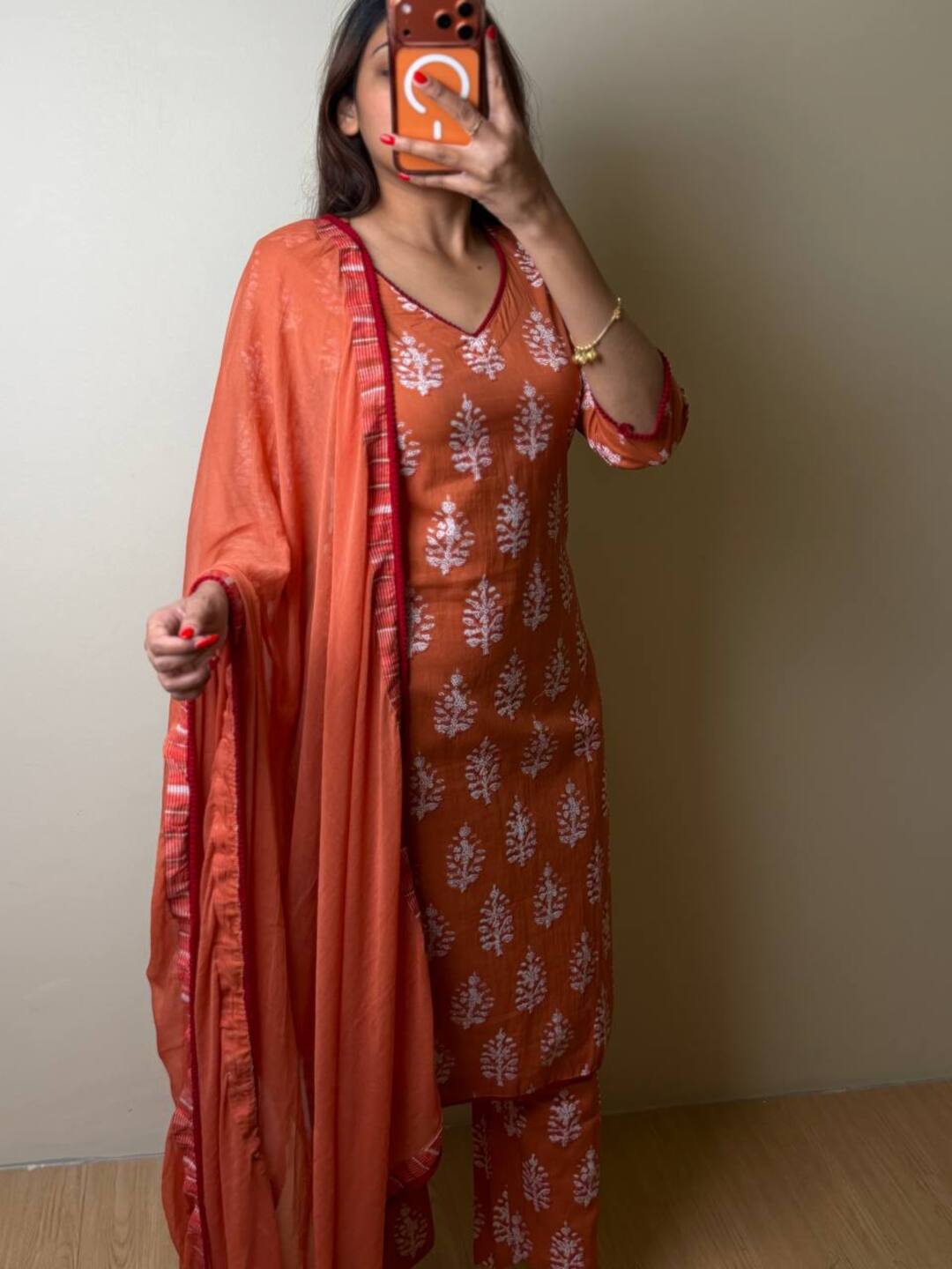 Orange Straight Cut 3pc kurti Suit